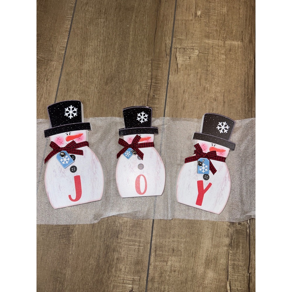 Set of 3 Wooden Snowman Figurines JOY Christmas Decor Tabletop Shelf Accent